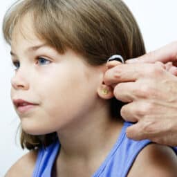 Young girl tries hearing aids